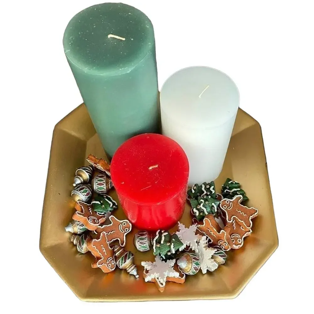 Christmas Candle Set & Decor Red Green White Candles Gold Tone Holder & Box Vtg